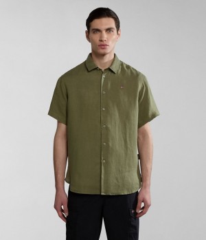 Napapijri Linen Short Sleeve Shirt Muške Košulje Zelene | DVCE-91854